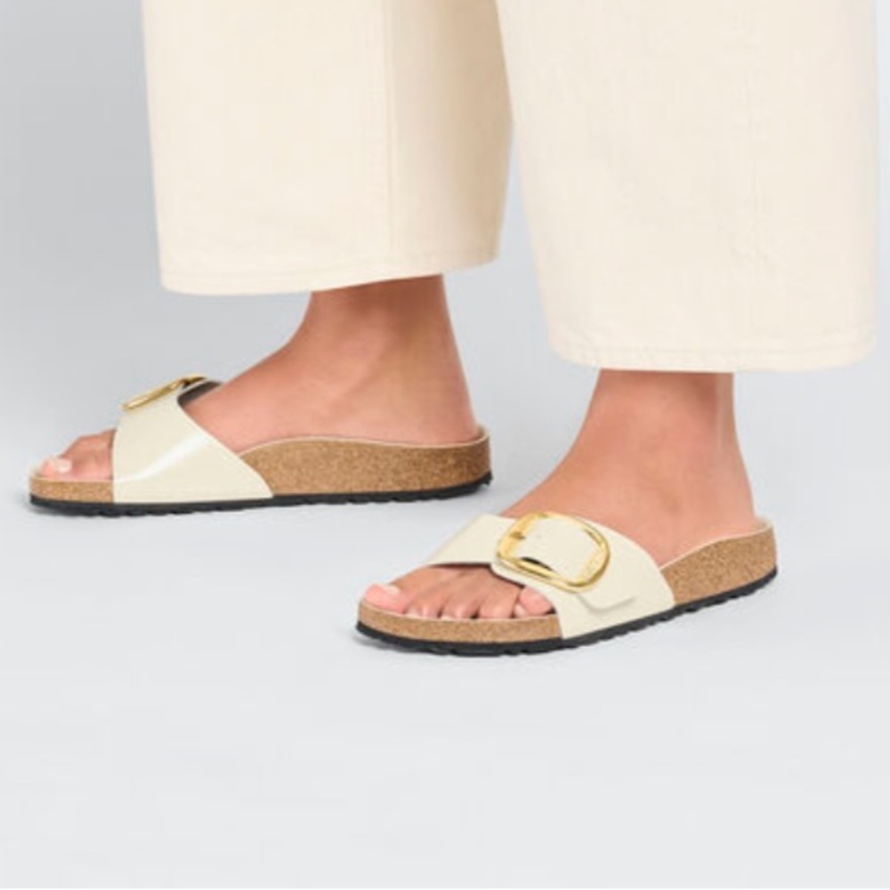 NWT Birkenstock Madrid High Shine Ecru Big Buckle Gold Beige Sandals - Picture 5 of 15